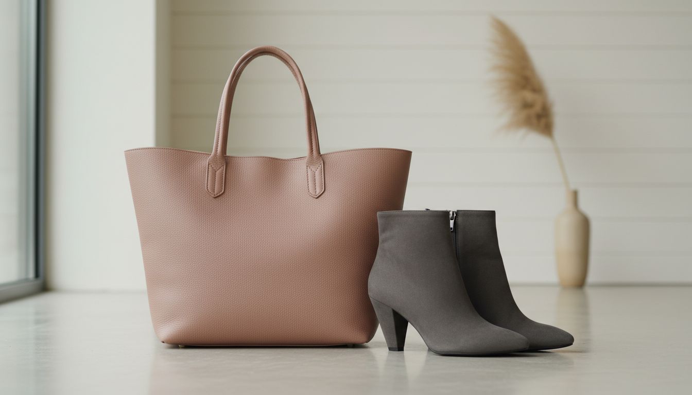 Натюрморт: Массивная сумка-тоут Muted Clay Pink стоит рядом с парой ботильонов на каблуке-конусе в графитовом цвете.