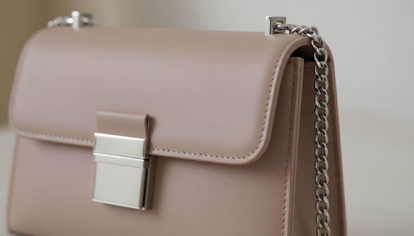 Деталь: Металлическая фурнитура серебряного цвета на матовой кожаной сумке Muted Clay Pink.