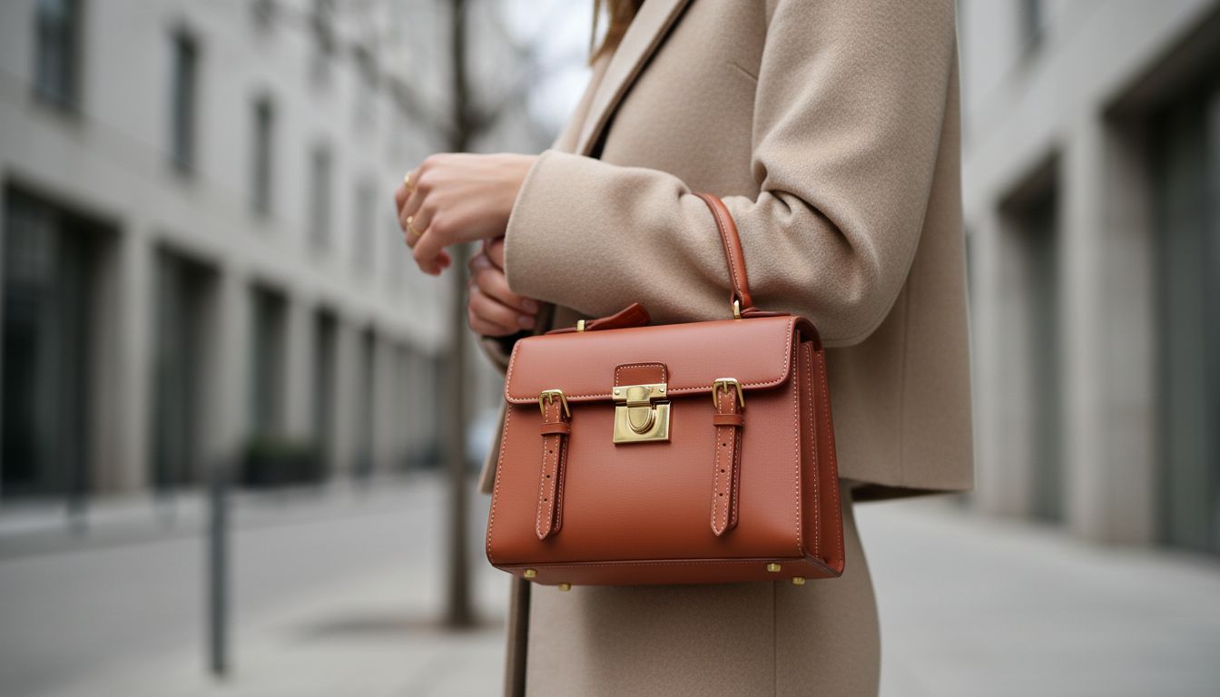 Женщина в бежевом укороченном пальто держит небольшой саквояж в оттенке жженой терракоты на сгибе локтя. Фокус на деталях фурнитуры и строгой форме сумки.