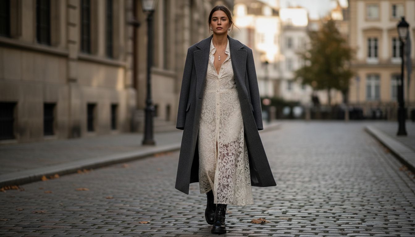 Девушка в длинном платье-рубашке из кружева гипюр, дополненном оверсайз-пальто из жесткой шерсти и массивными военными ботинками.