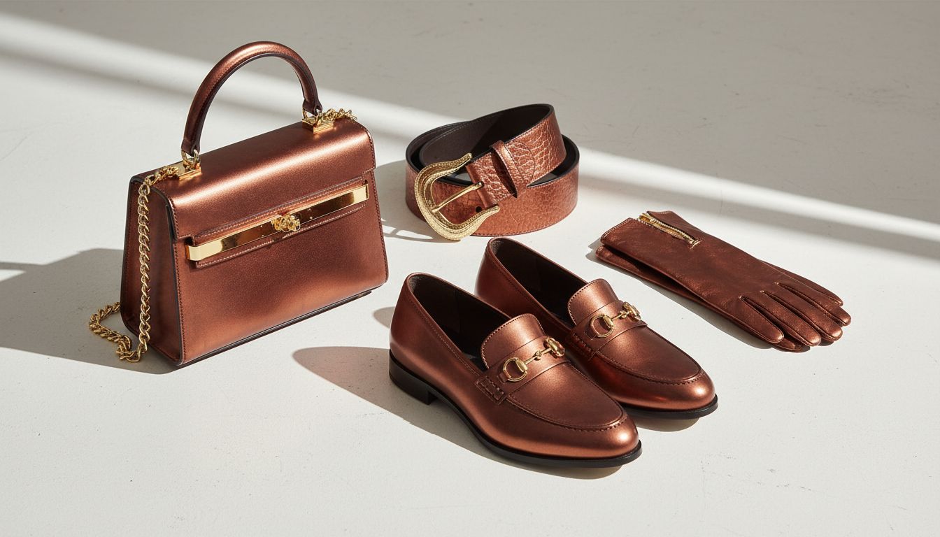 Подборка аксессуаров: жестка сумка, ремень, перчатки и лоферы, все в оттенке Deep Oxidized Copper с золотой фурнитурой.