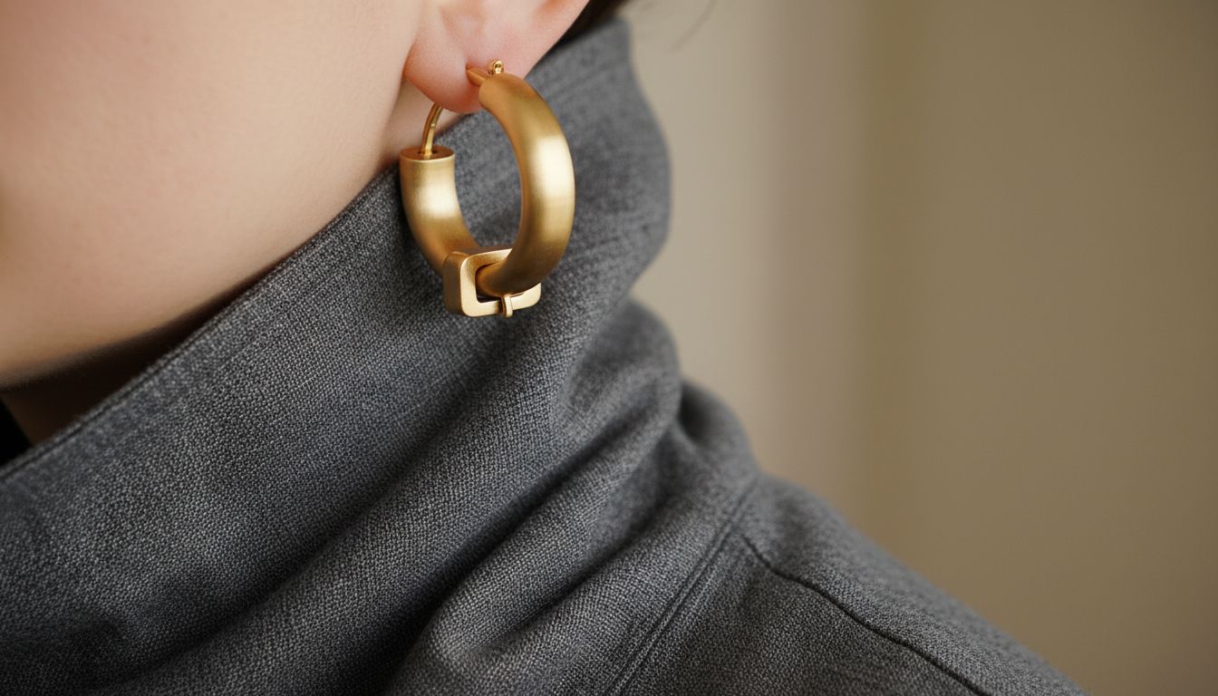 Крупный план уха с крупной матовой золотой петлей-пряжкой, контрастирующей с текстурой воротника.