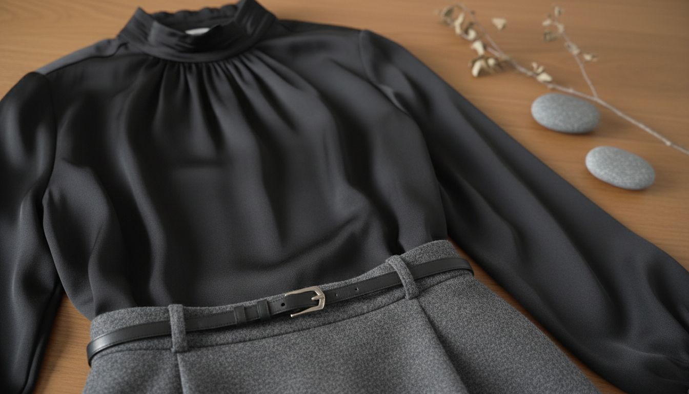 Детальный кадр: заправленная в юбку из серого фетра блузка из тонкого черного сатина с высоким воротником.