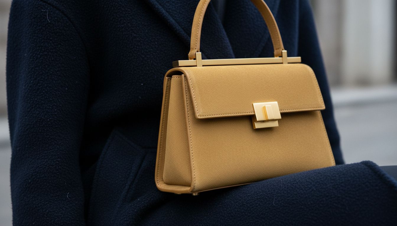 Детальный снимок жесткой замшевой сумки-трапеции оттенка Muted Mustard Seed на фоне темно-синего шерстяного пальто.