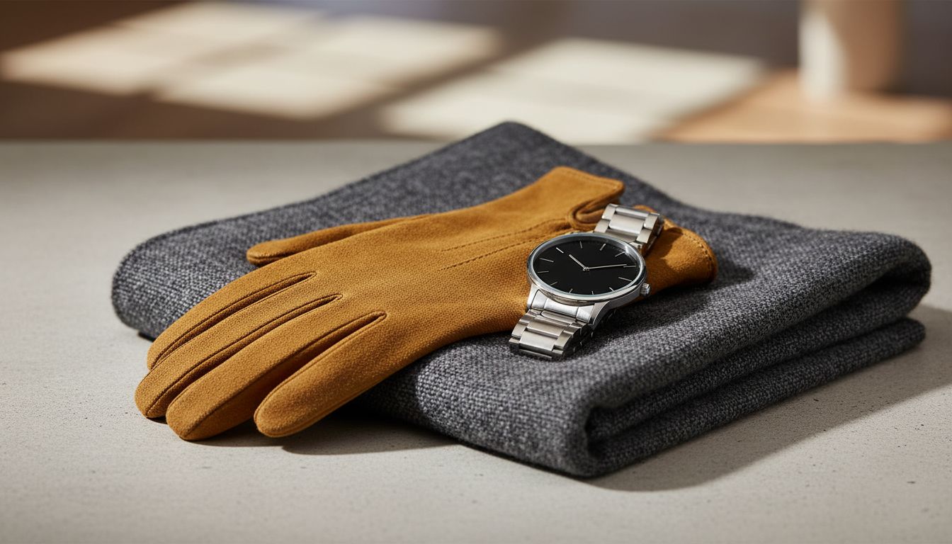 Стилизованный натюрморт: замшевая перчатка Muted Mustard Seed, стальные часы и шерстяная ткань цвета графита.