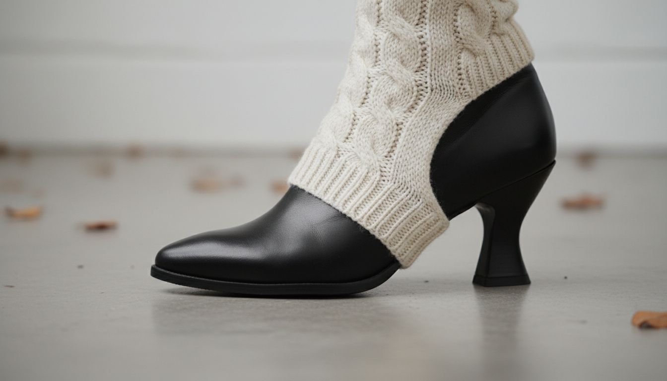 Крупный план стремени из плотной шерсти, зафиксированного под каблуком ботильона.