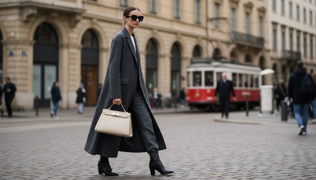Модель идет по городу. На ней длинное серое пальто, брюки-стремена и сумка-трапеция на жестком каркасе.
