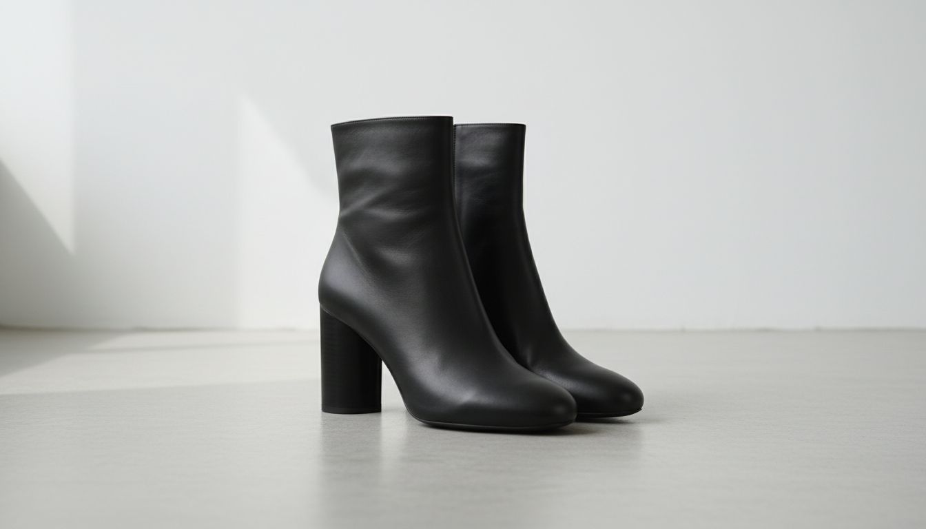 Ботильоны с цилиндрическим каблуком в матовой черной коже, демонстрирующие идеальную вертикальную линию.