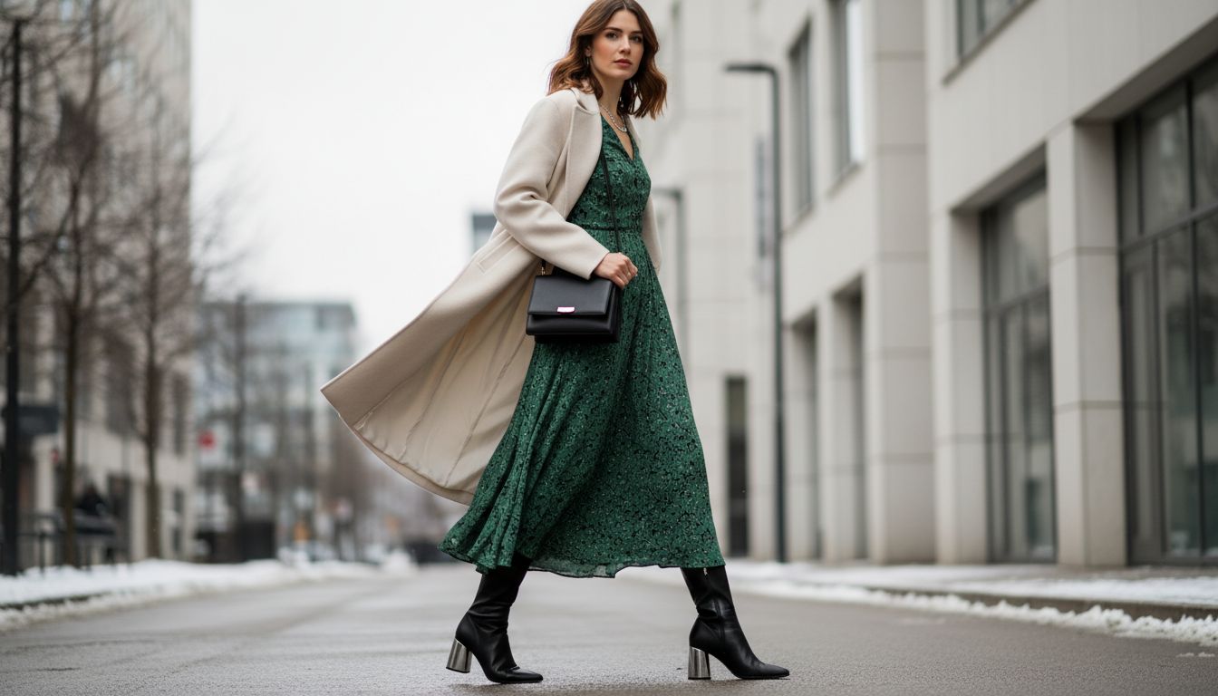 Девушка, идущая по городу в зимнем пальто, летящем миди-платье и ботильонах на цилиндрическом каблуке.