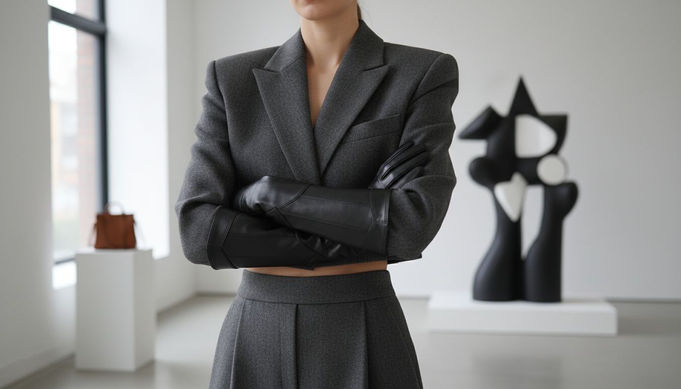 Стилизация: Укороченный шерстяной жакет-блейзер с широкими плечами и высокие черные кожаные наручи, создающие графичный контраст.