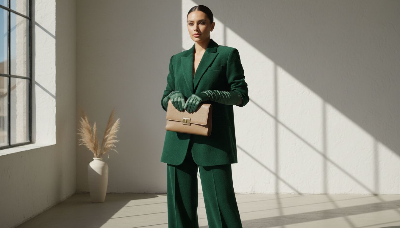 Модель в брючном костюме из шенилла, держащая в руках жесткий клатч из зернистой кожи и надевшая длинные перчатки.