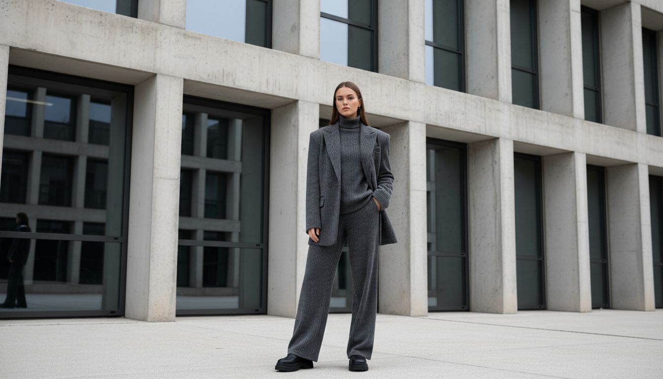 Женщина в полном монохромном образе из шенилла, стоящая на фоне архитектурного здания, подчеркивающего структуру костюма.