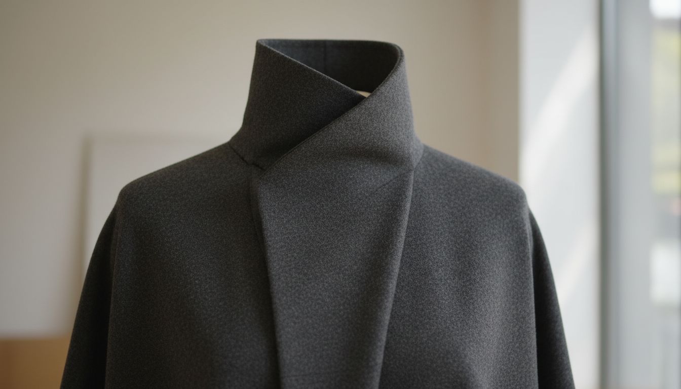 Крупный план асимметричного воротника-стойки на тунике-платье из вареной шерсти, демонстрирующий жесткость и архитектурность кроя.