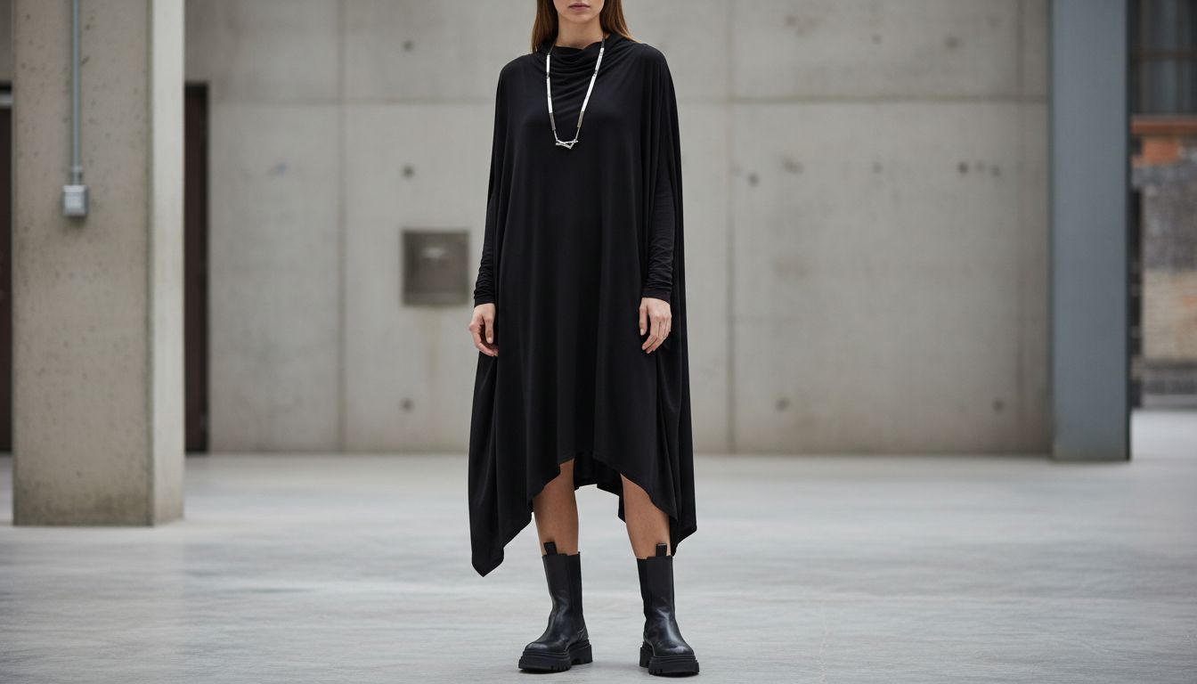 Модель в черной асимметричной тунике из технического трикотажа, стилизованной с массивными ботинками-челси и минималистичным металлическим ожерельем.