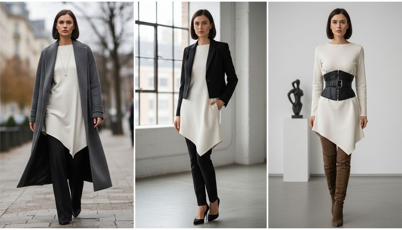 Коллаж из трех вариантов стилизации асимметричной туники: с укороченным жакетом, с длинным пальто и с корсетным ремнем.