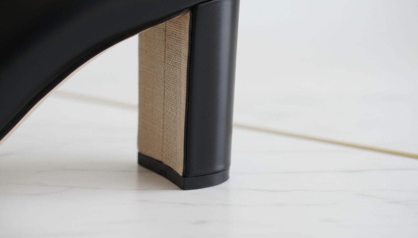 Крупный план разделенного каблука-блока, демонстрирующий контраст текстур между внешней и внутренней частью выреза.