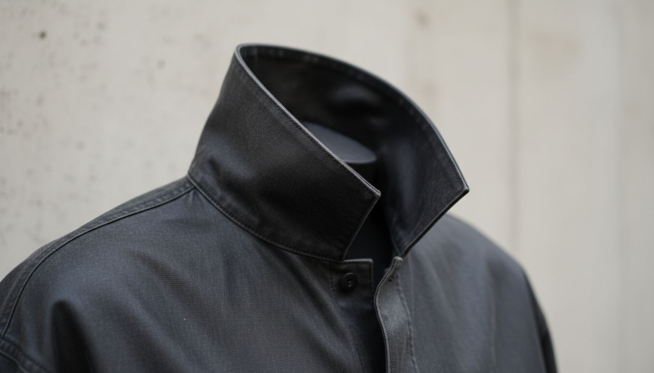 Крупный план воротника оверсайз-рубашки из вощеного холста, демонстрирующий его жесткую, стоячую форму и матовую текстуру.