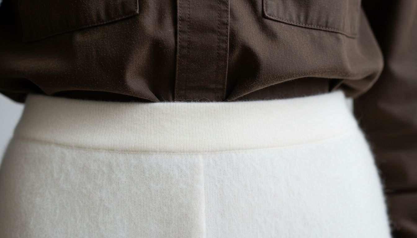 Деталь: Рубашка из темно-коричневого вощеного холста, заправленная в юбку из белого кашемира. Виден контраст матовой, грубой текстуры и пушистой, мягкой поверхности.