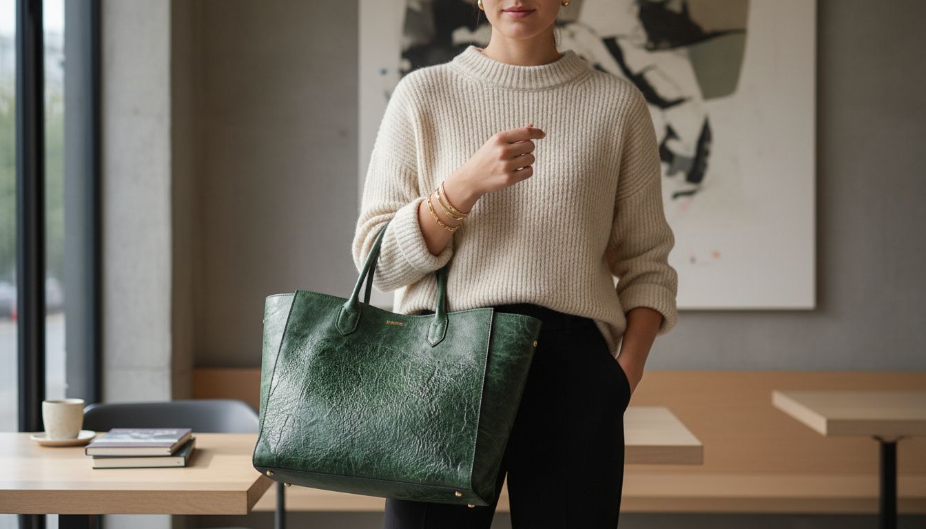 Девушка в объемном кремовом свитере и черных брюках, держащая в руках большую сумку-шоппер Forest Patina. На запястье видны золотые браслеты.