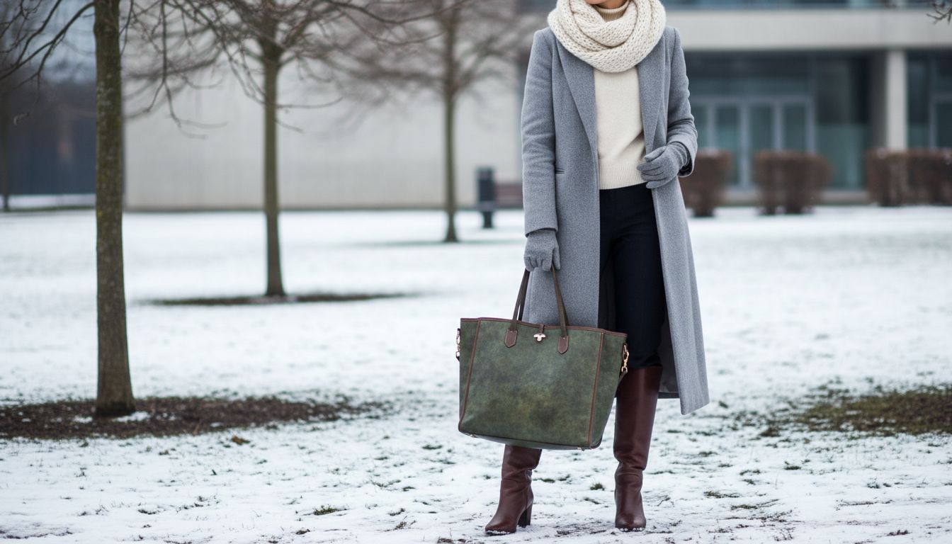 Зимний образ с длинным серым пальто, высокими сапогами и сумкой-шоппером Forest Patina, демонстрирующий гармонию холодных и землистых оттенков.