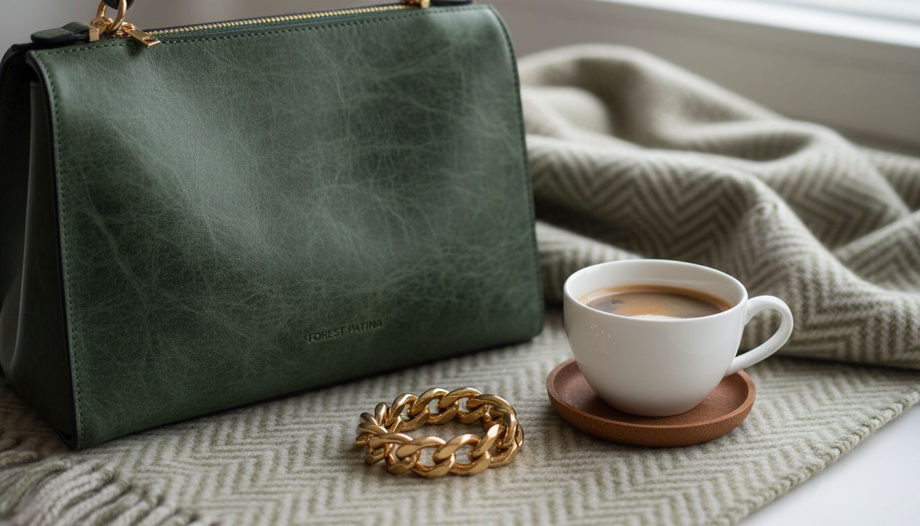 Натюрморт: сумка Forest Patina, золотой массивный браслет и чашка кофе на фоне шерстяного пледа.
