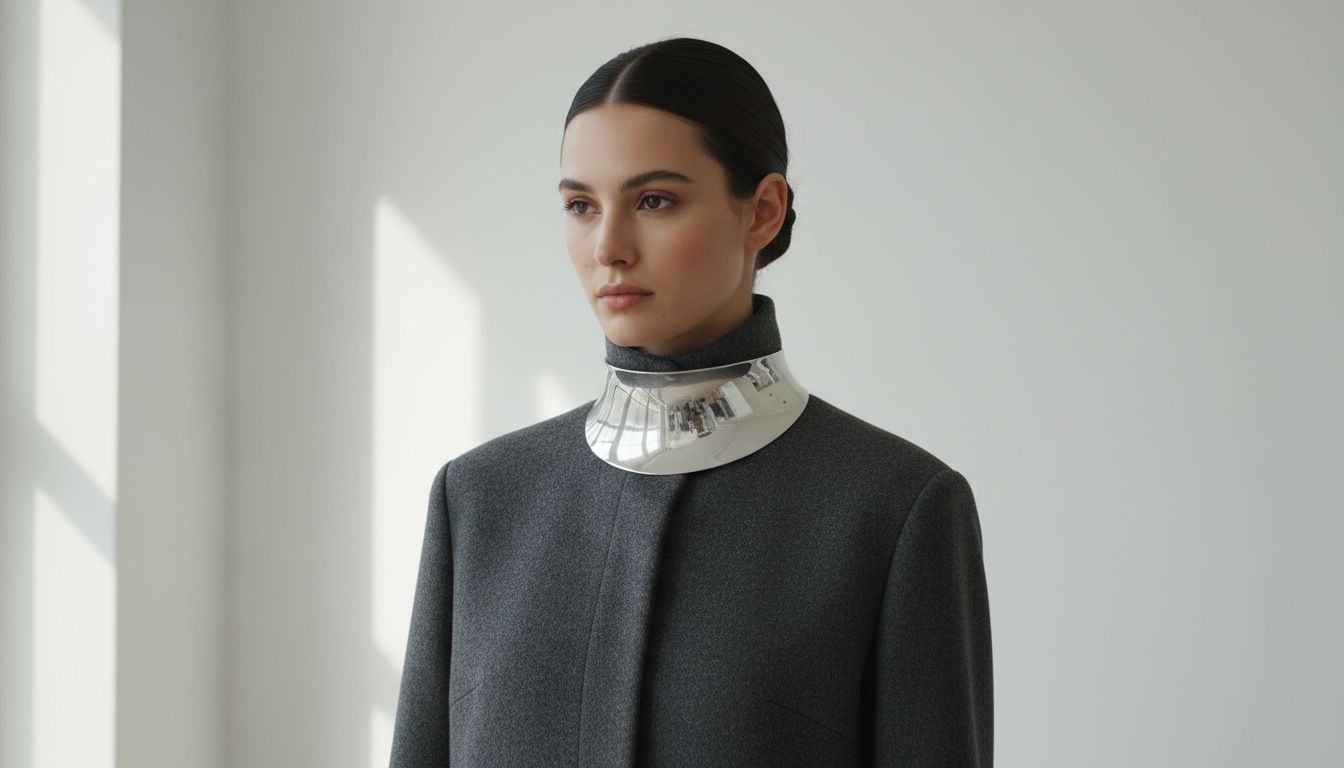 Модель в пальто цвета антрацит, с высоким закрытым воротником, из-под которого виден широкий, полированный металлический чокер-ошейник.