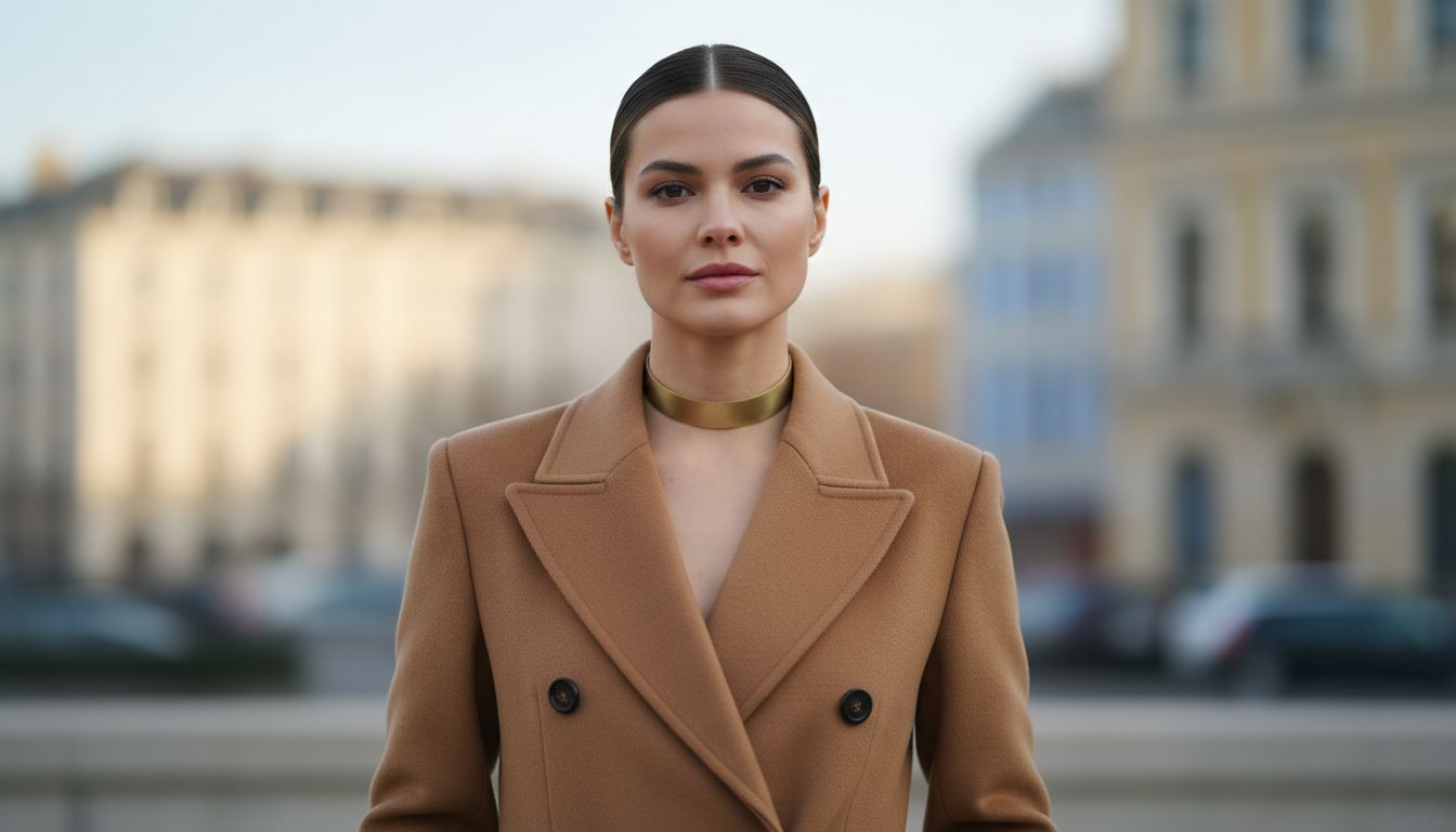 Женщина в строгом двубортном шерстяном пальто цвета camel. Чокер из брашированной латуни виден между лацканами.