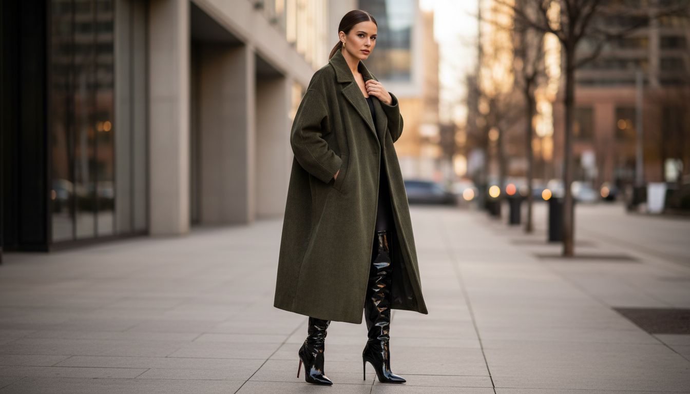 Образ, где длинное вельветовое пальто-кокон контрастирует с высокими, облегающими лаковыми сапогами на тонком каблуке.