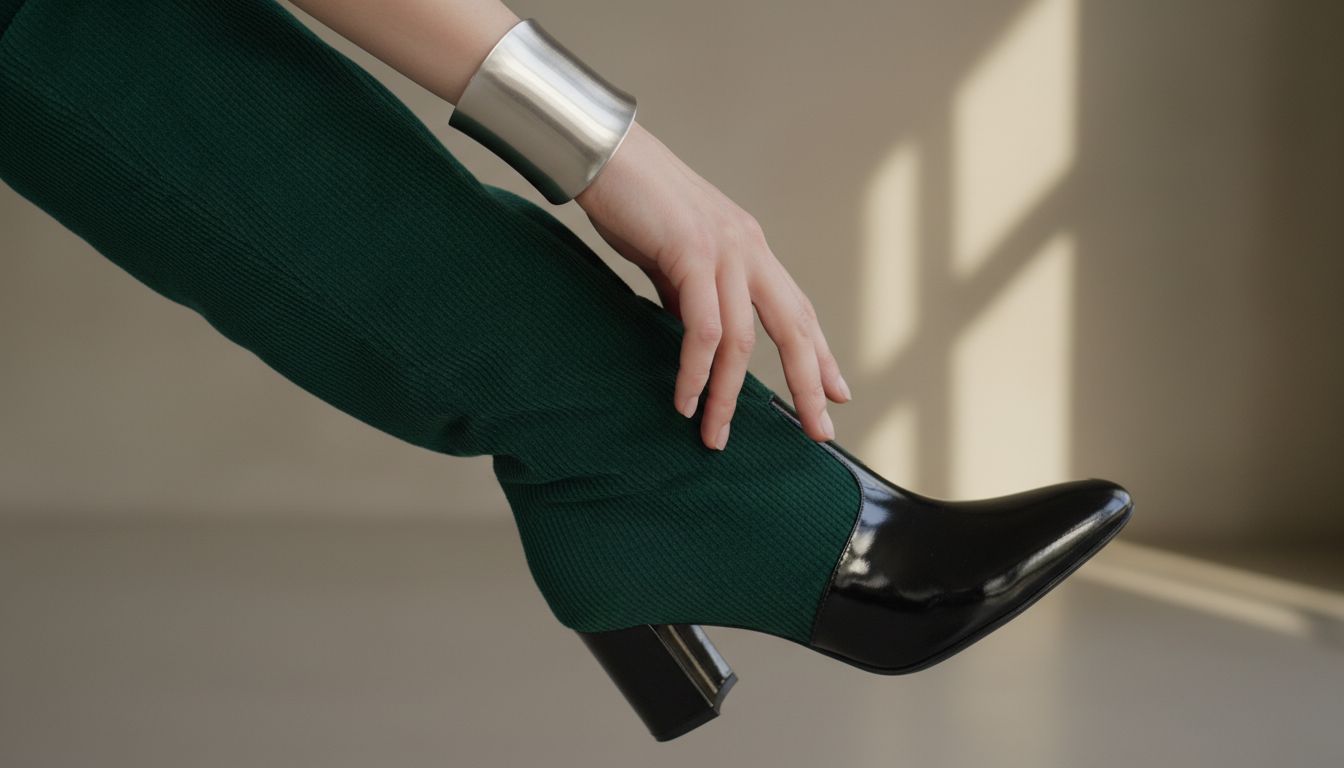 Детализация: жесткая металлическая манжета на руке и контраст текстур- вельвета и лаковой кожи сапога.