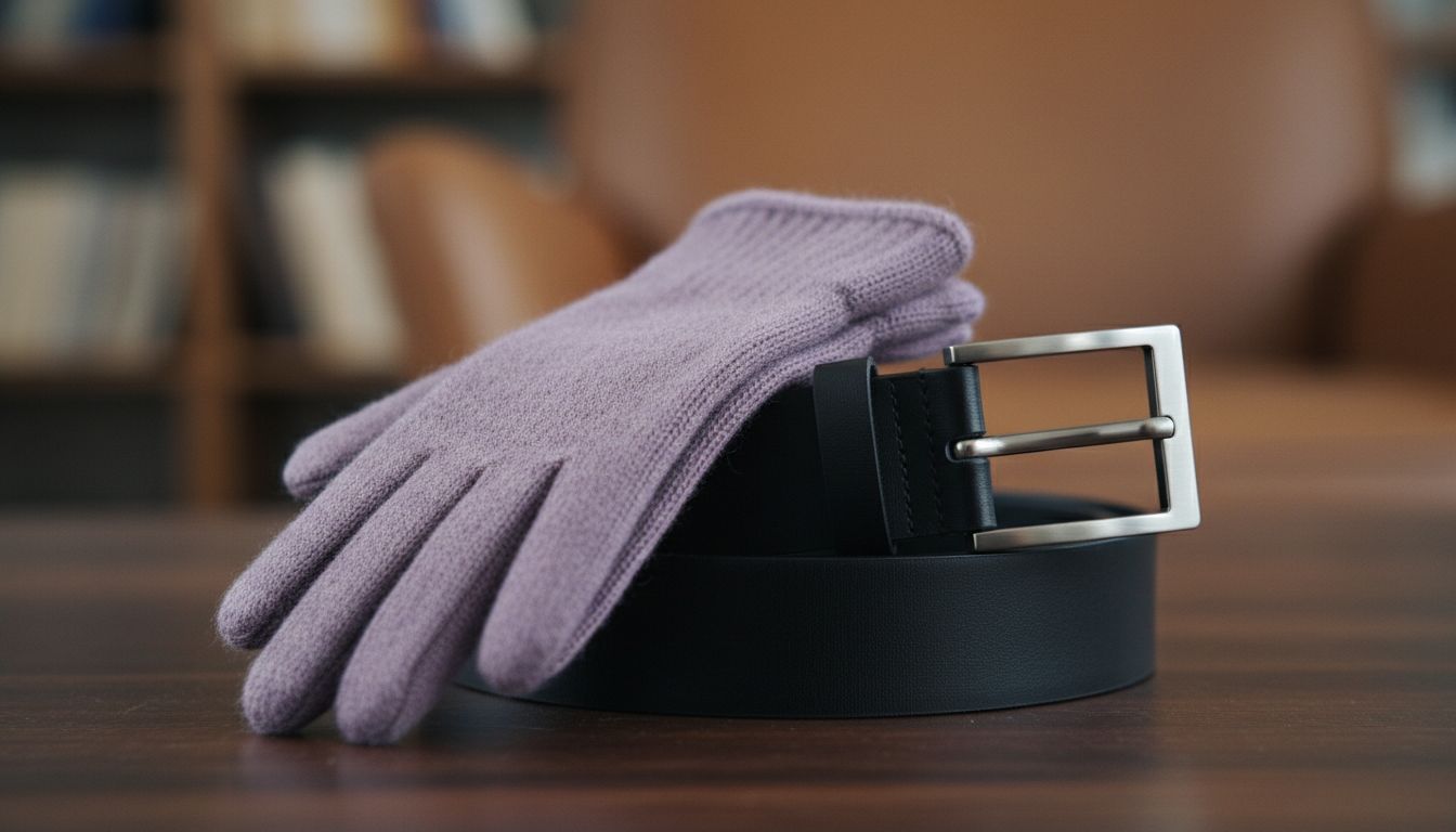 Крупный план перчаток из плотного кашемира оттенка матового гелиотропа, сложенных на черном кожаном ремне.