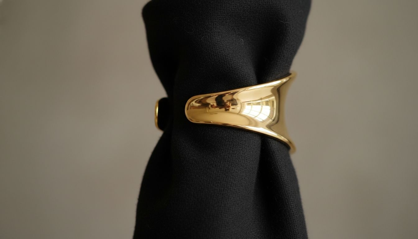 Крупный план гипертрофированного манжета-браслета из полированного золота, надетого поверх черного шерстяного рукава, зафиксировавшего его форму.