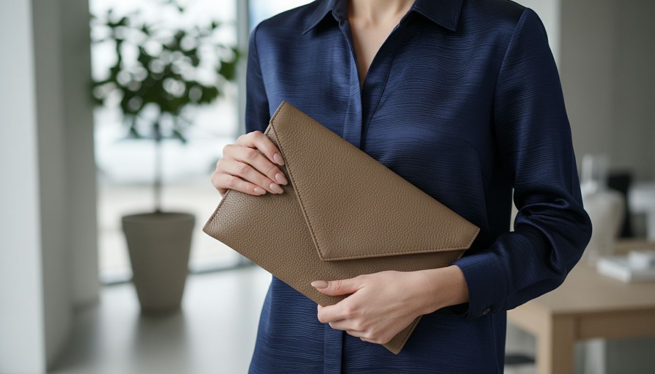 Женщина в темно-синей рубашке-поло из шелкового репса, держащая жесткий клатч-конверт из матовой кожи. Фокус на текстурном контрасте.