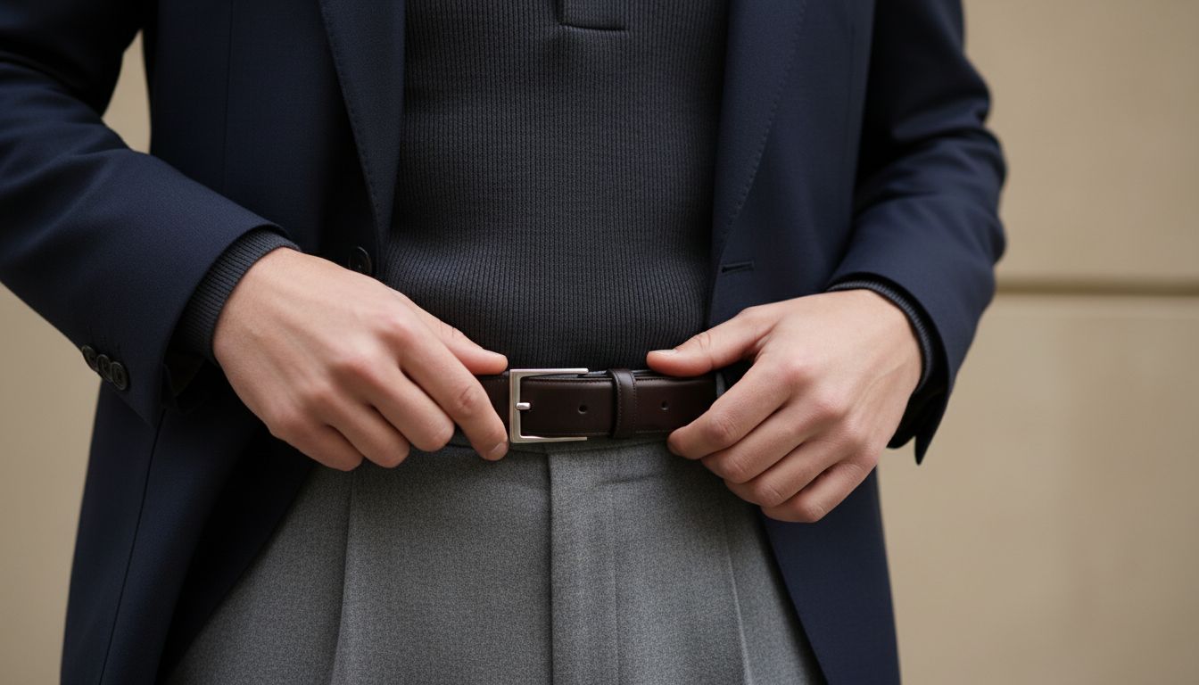 Детализация образа, показывающая жесткий воротник поло из шелкового репса и текстуру матовых шерстяных брюк.