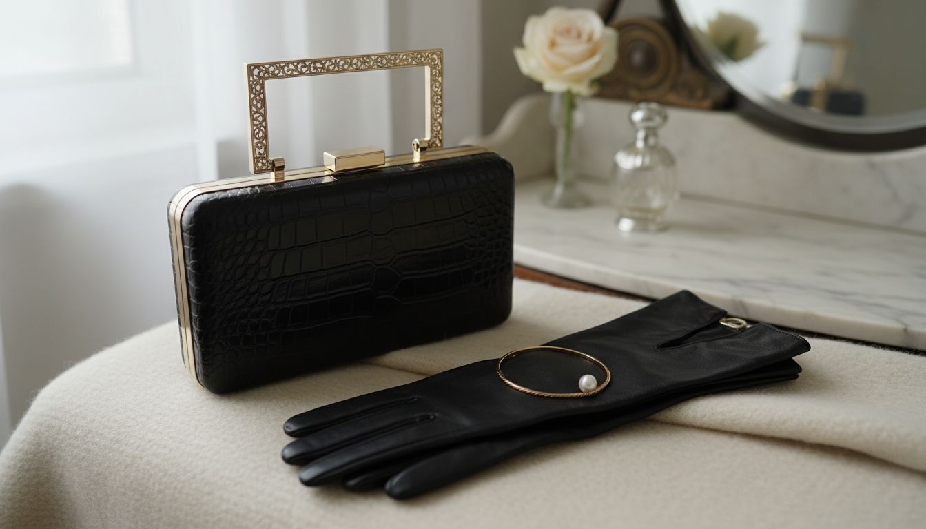 Деталь: жесткий клатч-бокс с металлической фурнитурой, лежащий рядом с перчатками.