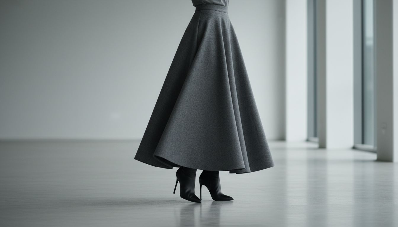 Образ, где длинная, тяжелая серая макси-юбка из шерсти сочетается с черными ботильонами на парящем каблуке. Акцент на контрасте веса и невесомости.