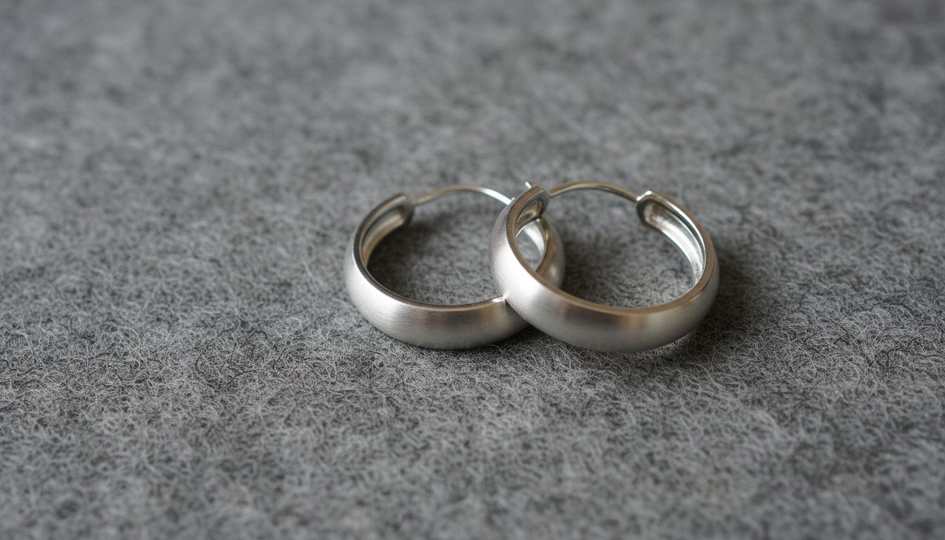 Серебряные C-Hoop серьги, демонстрирующие матовый, полированный финиш на фоне текстуры вареной шерсти.