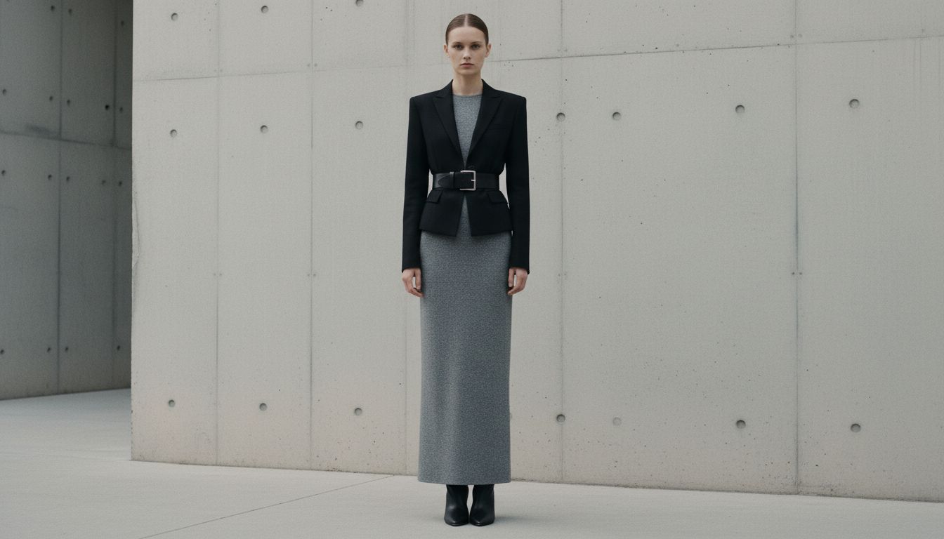 Модель в платье-колонне из серого технического риба с широким жестким ремнем и укороченным черным жакетом.