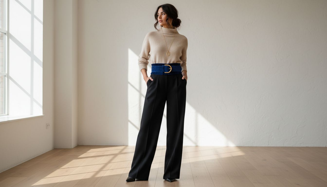 Стильный женский образ: кремовый кашемировый свитер, черные брюки, акцентный широкий пояс из индиго-велюра и золотой кулон.