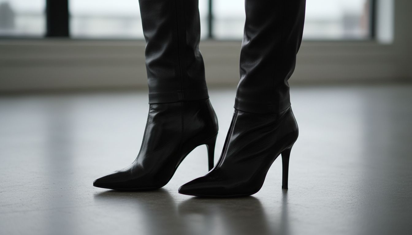 Деталь-крупный план остроносых ботильонов, надетых с узкими кожаными брюками, создающих идеальную вертикаль.