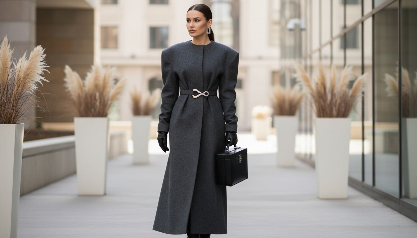 Женщина в длинном пальто с плечами-крыльями, застегнутом на один акцентный металлический крючок. Образ дополнен жесткой сумкой-бокс.