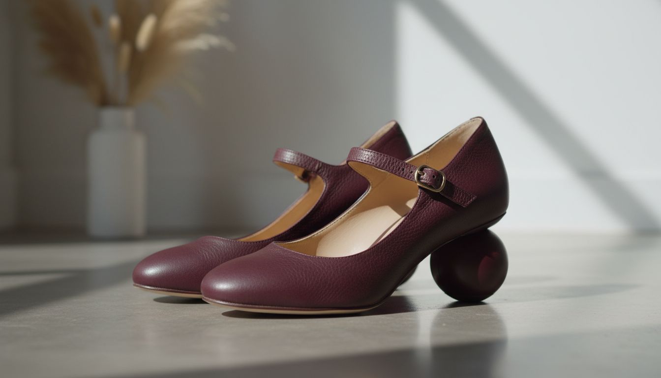 Крупный план туфель Мэри Джейн на каблуке-сфере, выполненных из матовой зернистой кожи в оттенке Deep Matte Aubergine.