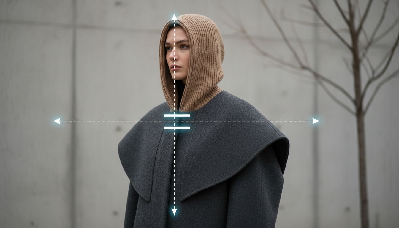 Схематичное изображение, показывающее, как плотный кашемировый капюшон создает вертикальную линию и балансирует горизонтальный объем оверсайз плеча пальто.