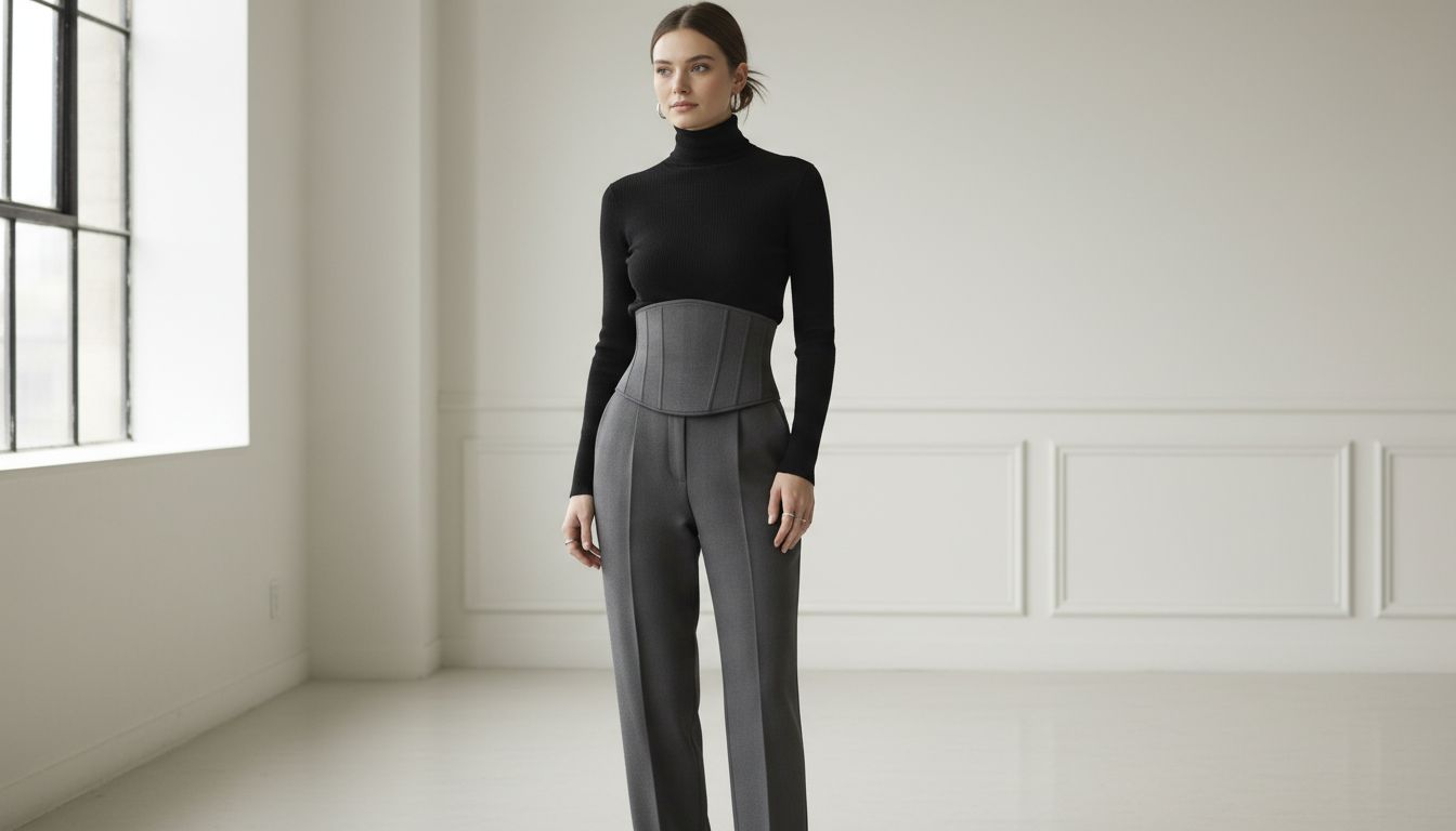 Брюки с корсетным поясом-бандо в графитовом цвете, с ультра-высокой посадкой, стилизованные с заправленной тонкой водолазкой.