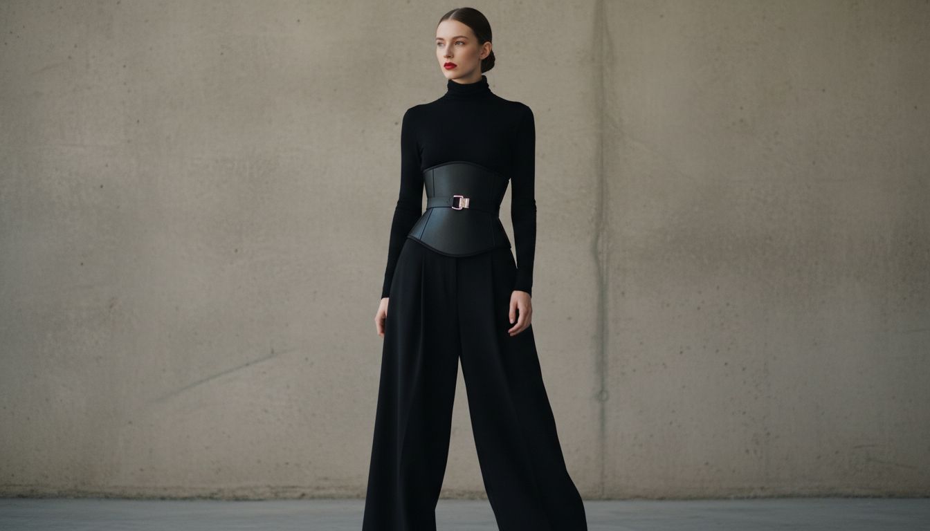 Модель в черных широких брюках с жестким корсетным поясом, на котором видна минималистичная металлическая застежка-крючок.