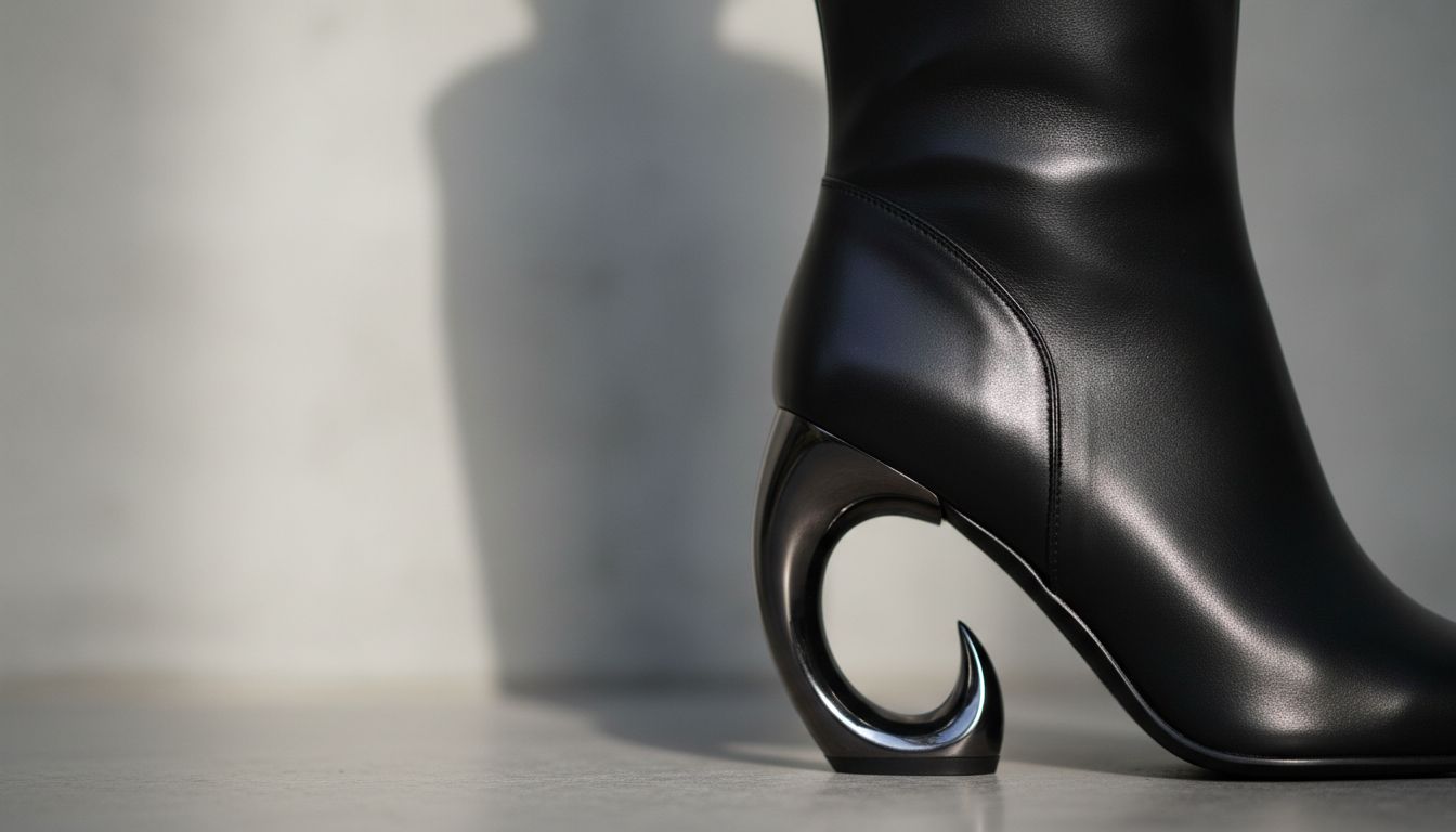 Крупный план скульптурного каблука-запятой на черном кожаном сапоге-трубе, демонстрирующий чистый изгиб.