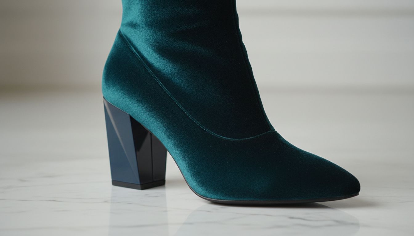 Крупный план жесткого ботильона на каблуке-призме, выполненного из плотного петрольного бархата, стоящего на фоне светлого мрамора.