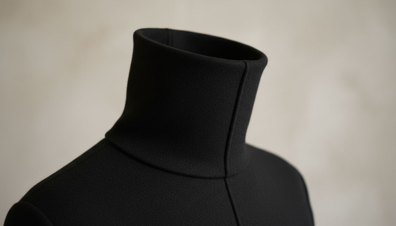 Крупный план воротника-трубы из черной плотной шерсти, демонстрирующий его жесткую, цилиндрическую форму и идеальную вертикальную линию.