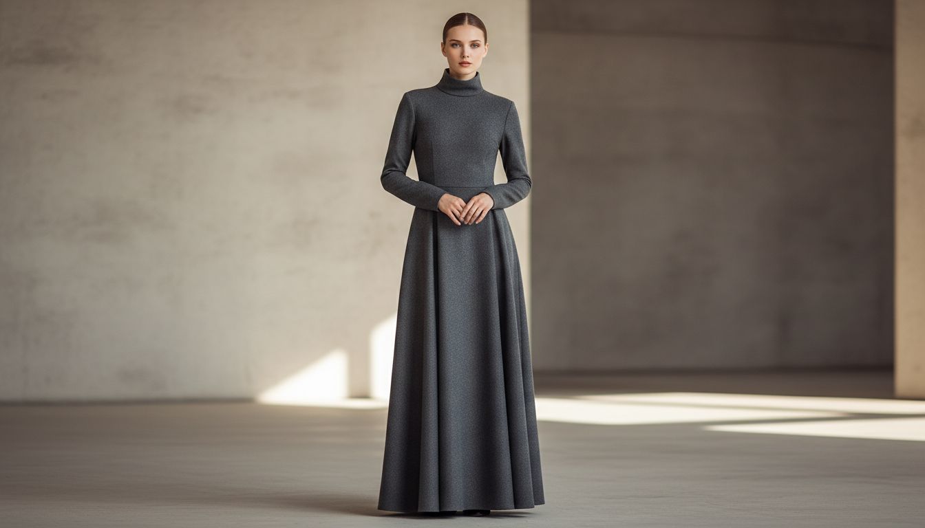 Модель в графитовом шерстяном макси-платье с высоким воротником-стойкой, демонстрирующая четкую, нерушимую вертикаль силуэта.