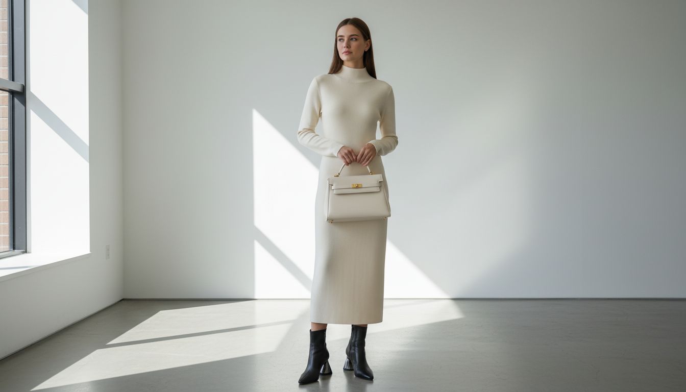 Общий вид образа: Платье-футляр с воротником-трубой, дополненное жесткой сумкой-трапецией и остроносыми ботильонами на архитектурном каблуке.
