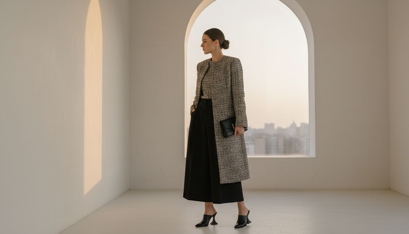 Образ с плотными черными кюлотами, мюлями с каблуком-песочными часами и структурированным длинным жакетом из твида.